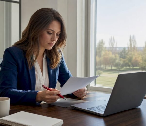 Una donna sta esaminando i documenti relativi alla sicurezza informatica secondo lo standard ISO 27001.