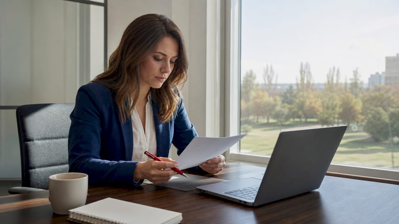 Una donna sta esaminando i documenti relativi alla sicurezza informatica secondo lo standard ISO 27001.