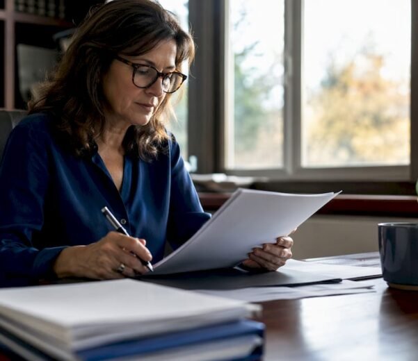 Donna intenta a consultare la documentazione delle normative ISO