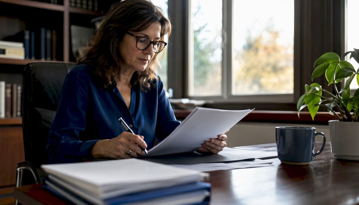 Donna intenta a consultare la documentazione delle normative ISO