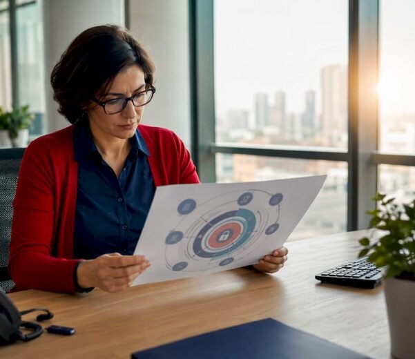 Responsabile IT che analizza un diagramma relativo alla sicurezza informatica