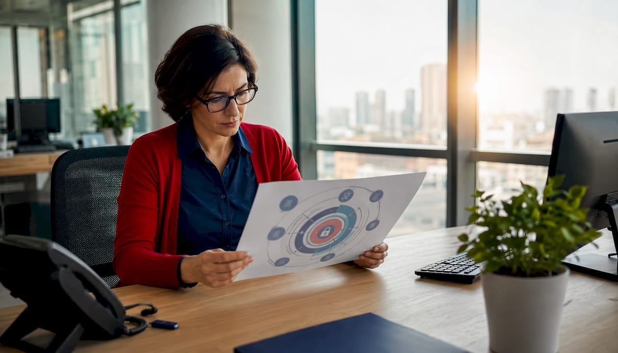 Responsabile IT che analizza un diagramma relativo alla sicurezza informatica