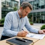 Un professionista al lavoro che analizza attentamente il documento ISMS nel suo ufficio.