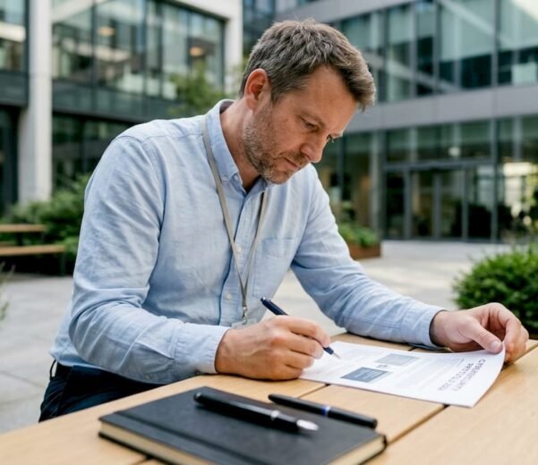 Un professionista al lavoro che analizza attentamente il documento ISMS nel suo ufficio.
