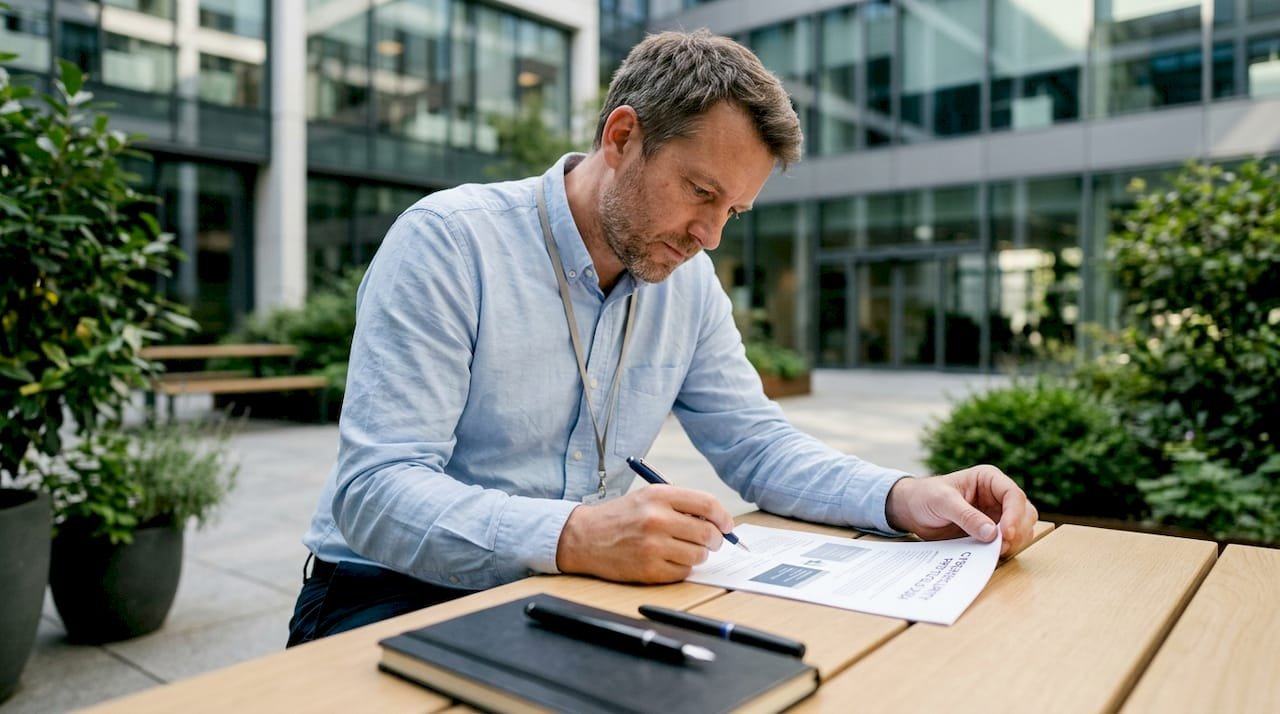 Un professionista al lavoro che analizza attentamente il documento ISMS nel suo ufficio.