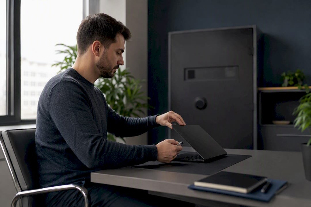 Mani che tengono un token di sicurezza accanto a un laptop