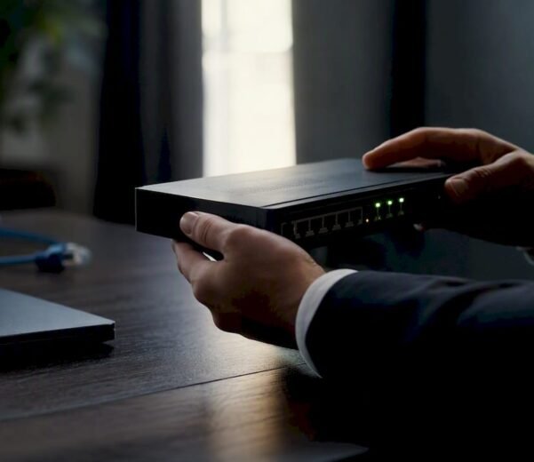 Tecnici che esaminano da vicino un dispositivo di rete in un ambiente informatico.