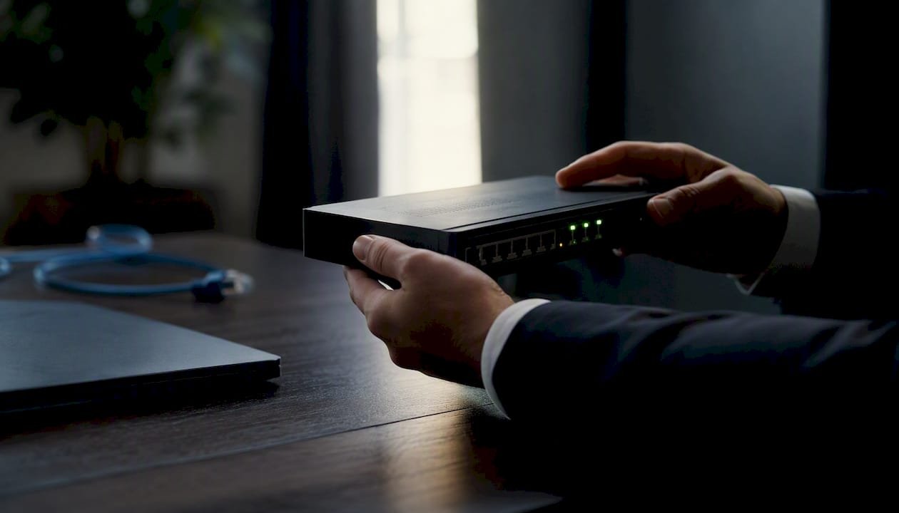 Tecnici che esaminano da vicino un dispositivo di rete in un ambiente informatico.