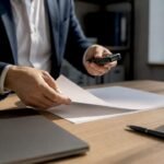 Mani che sistemano fascicoli di verifica e un registratore
