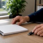 Mani che tengono un blocco appunti e un token di sicurezza sulla scrivania