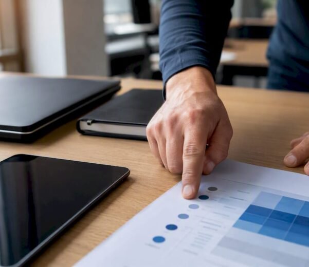 Mani che esaminano documenti relativi alla certificazione ISO 9001 disposti sul tavolo