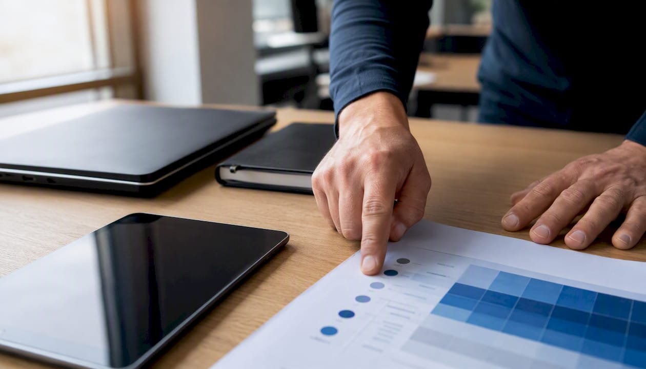 Mani che esaminano documenti relativi alla certificazione ISO 9001 disposti sul tavolo