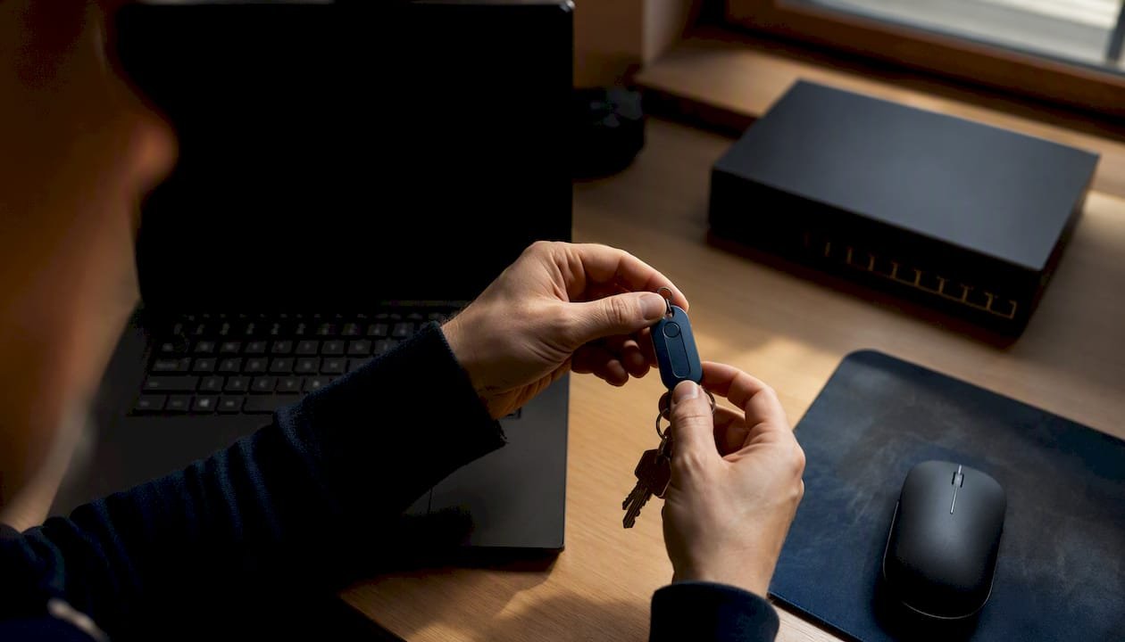 Mani che tengono un token di sicurezza posato su una scrivania in un ufficio IT