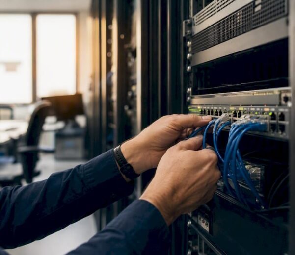Mani che configurano dispositivi per la sicurezza di rete