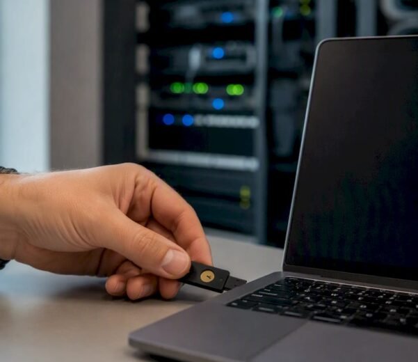 Mani che inseriscono una chiave di sicurezza nella porta USB di un portatile