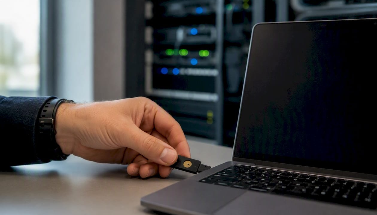 Mani che inseriscono una chiave di sicurezza nella porta USB di un portatile