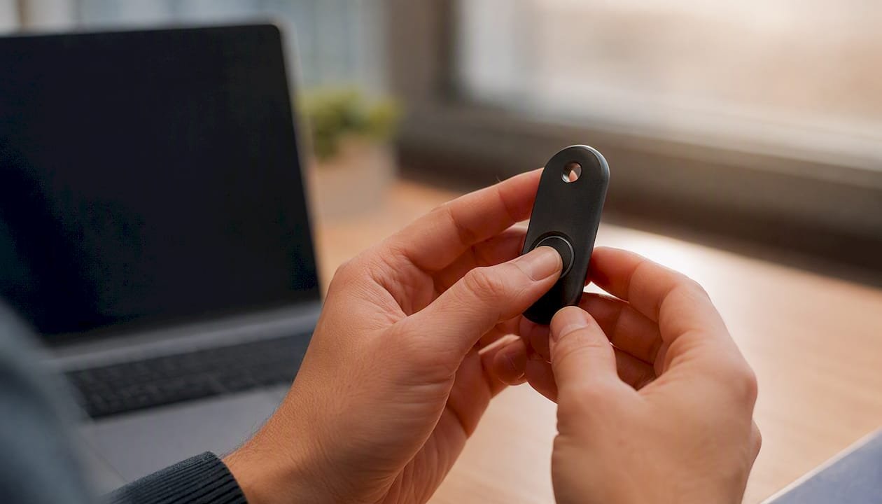 Mani che stringono un dispositivo biometrico per la sicurezza