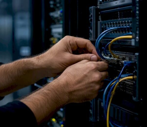 Mani di un tecnico all'opera mentre collega i cavi all'interno di un data center