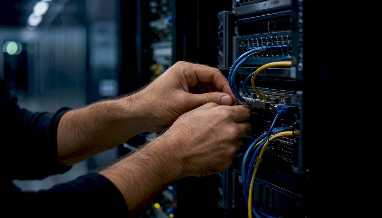 Mani di un tecnico all'opera mentre collega i cavi all'interno di un data center