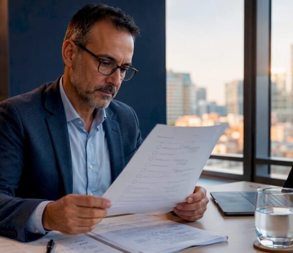 Un auditor informatico esamina la checklist ISO 27001 seduto alla sua scrivania.