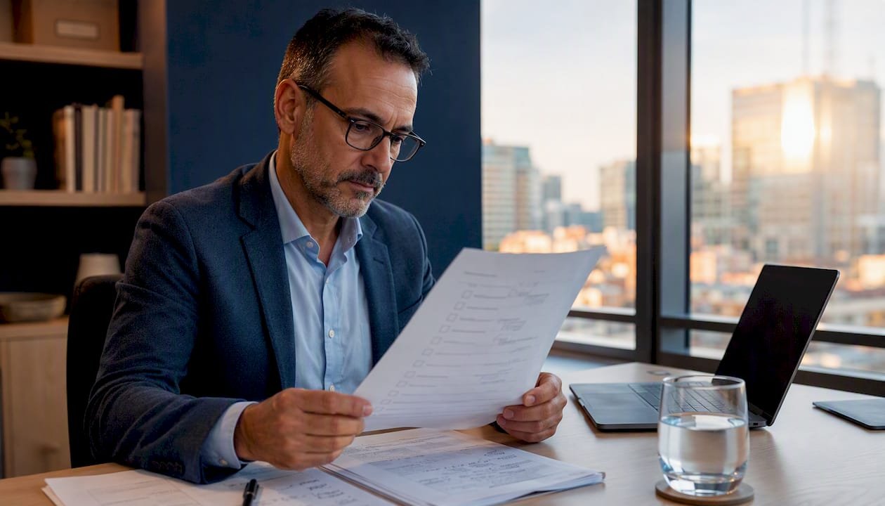 Un auditor informatico esamina la checklist ISO 27001 seduto alla sua scrivania.