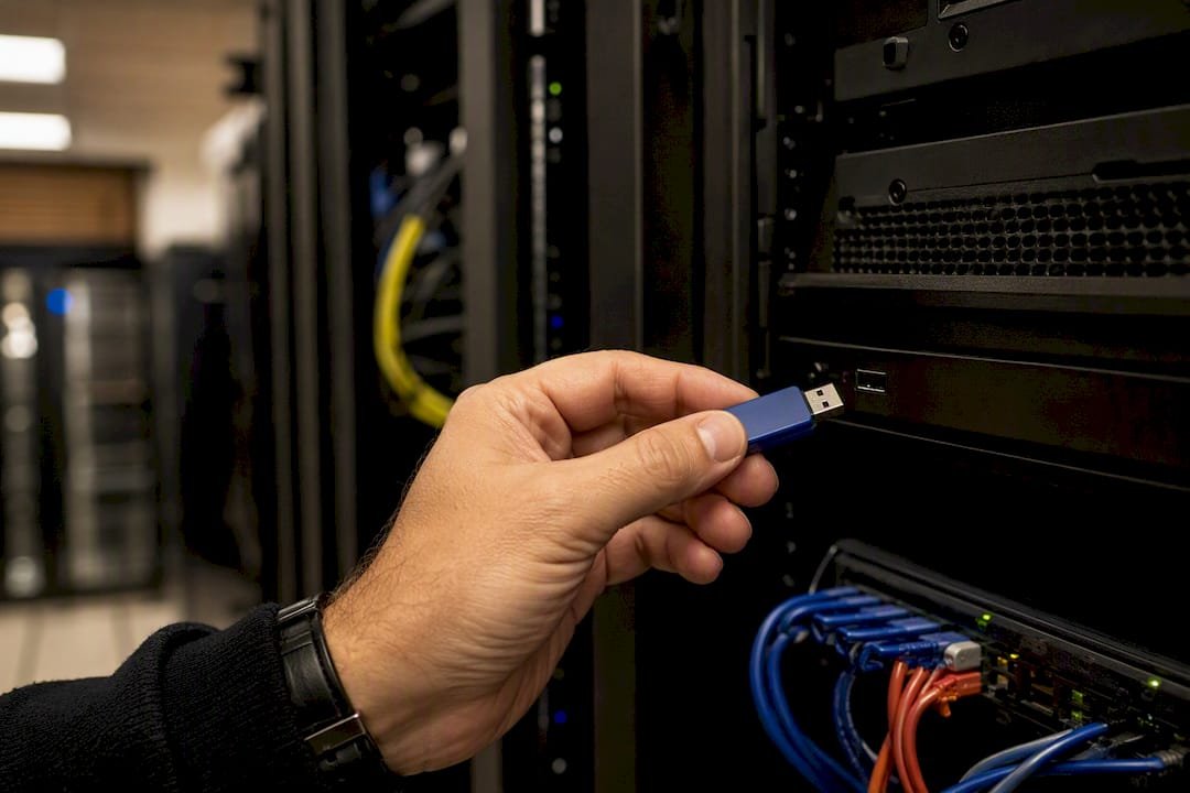 Una mano tiene un token di sicurezza USB vicino a una fila di server.