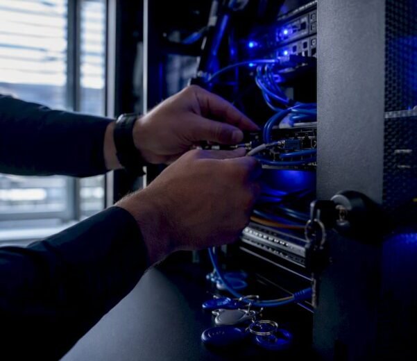 Mani che configurano apparecchiature di sicurezza nella sala server