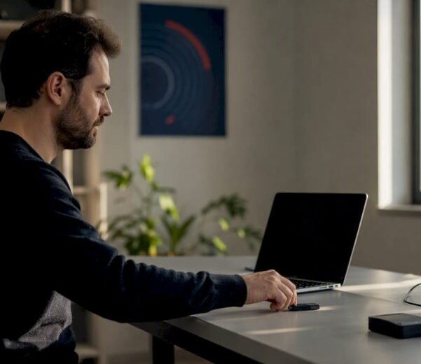 Una mano appoggia un token di sicurezza USB accanto al portatile.