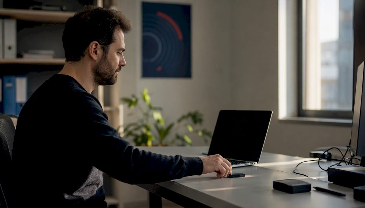 Una mano appoggia un token di sicurezza USB accanto al portatile.