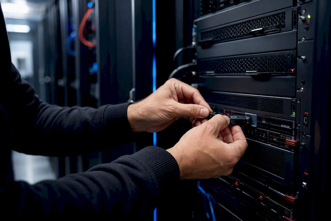 Mani che installano un token di sicurezza su un server