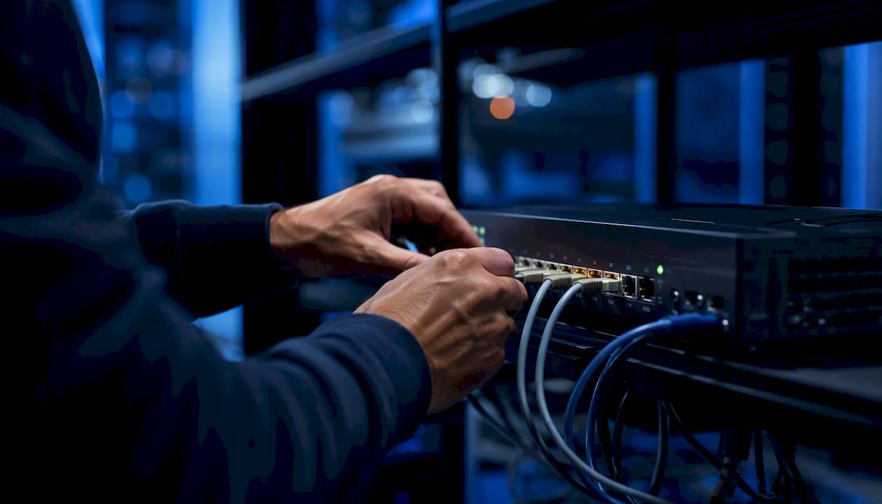 Mani al lavoro tra cavi di rete e router, impegnate a sistemare la connessione.