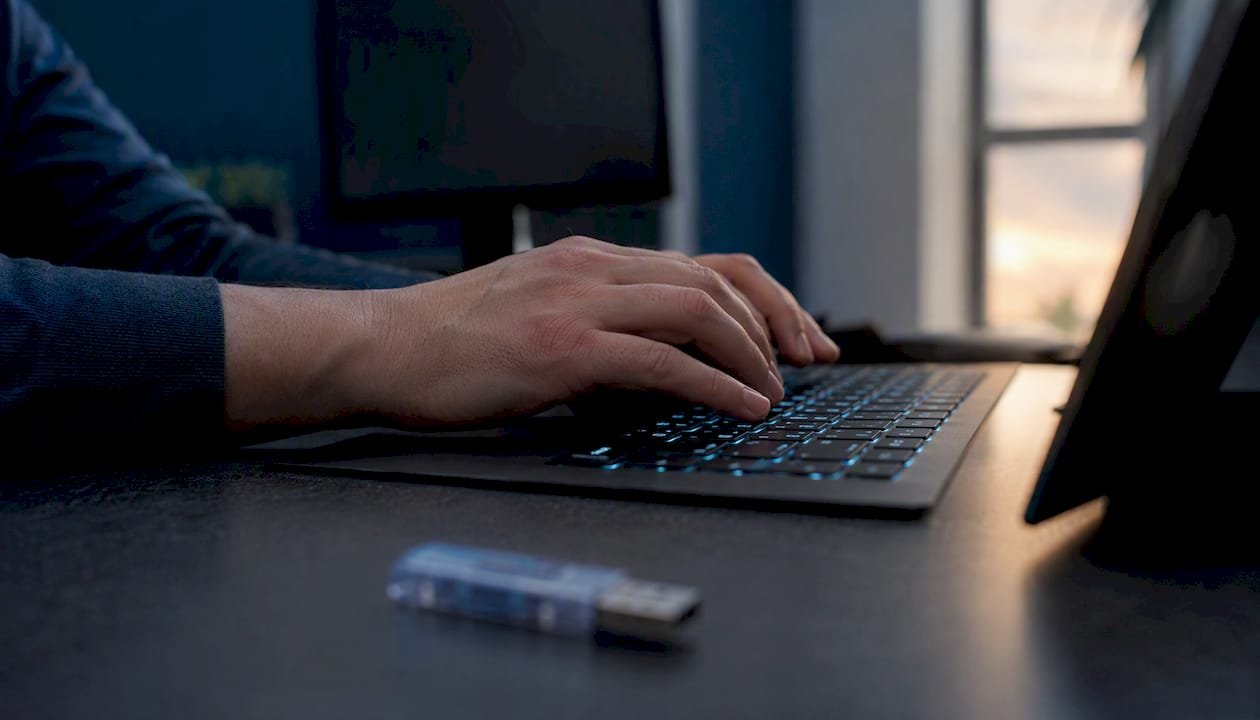 Mani che digitano sulla tastiera accanto a una chiavetta USB, a rappresentare l’importanza di conservare i dati in modo sicuro.