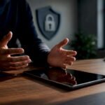 Mani poggiate vicino a un tablet scuro durante un controllo della privacy