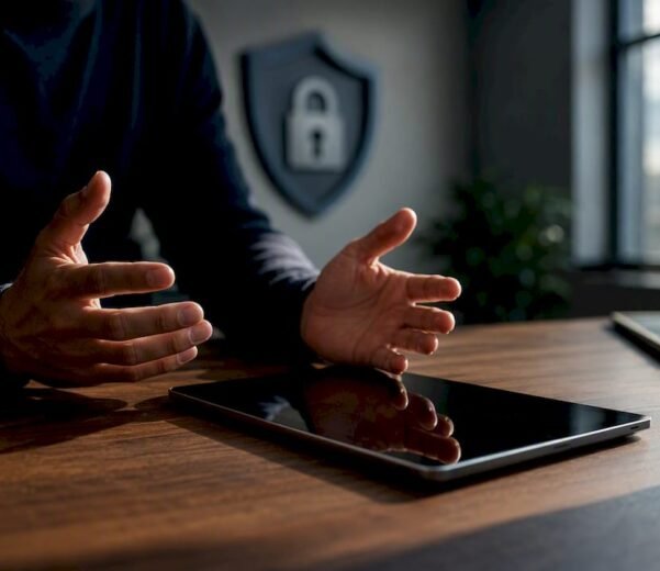 Mani poggiate vicino a un tablet scuro durante un controllo della privacy
