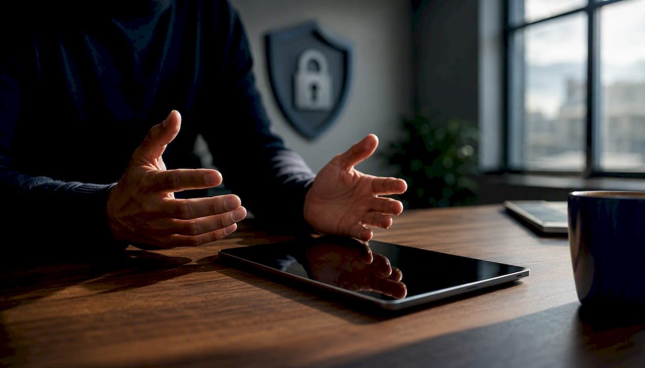 Mani poggiate vicino a un tablet scuro durante un controllo della privacy
