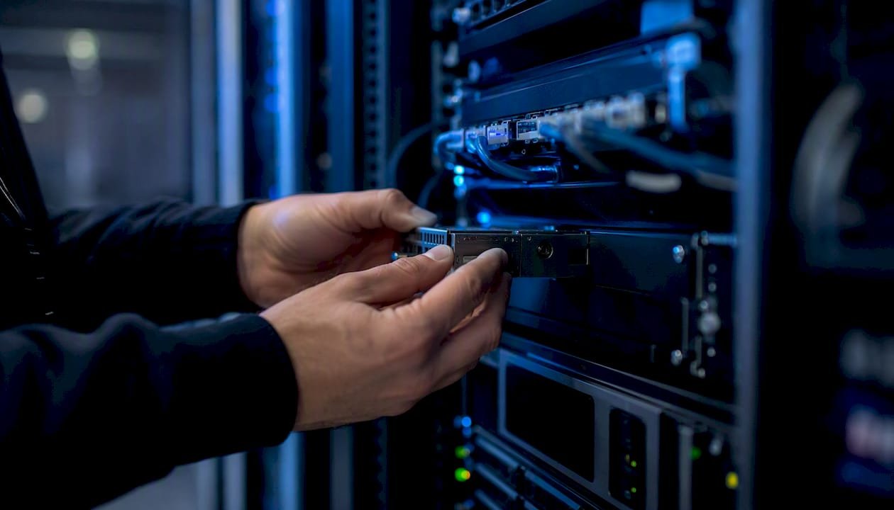 Mani all'opera mentre installano dispositivi di sicurezza all'interno di un rack server